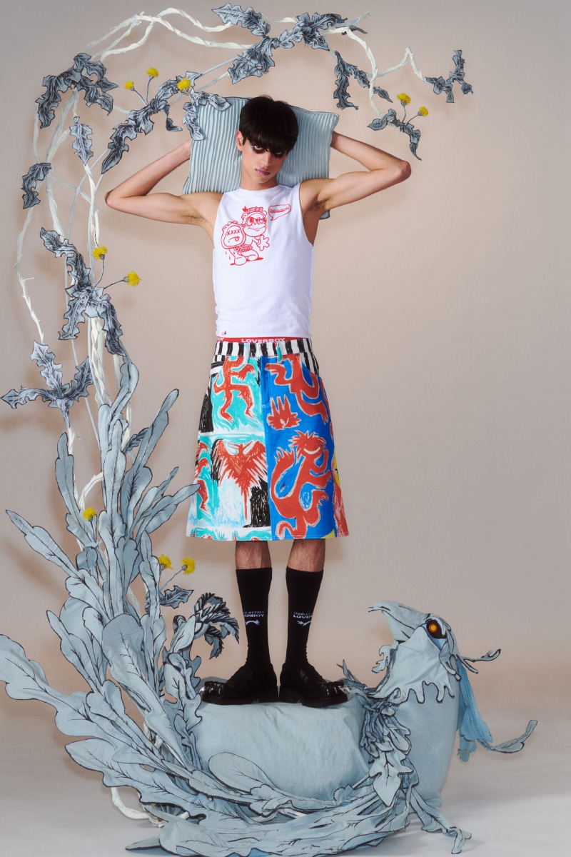 Charles Jeffrey Loverboy Etched Art Denim Skirt